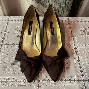 Brown Satin Low Heel Pumps